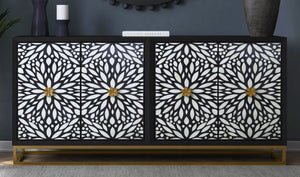 Basset Mirror Cameron Server - Elegant Matte Black Mango Wood Design With Unique Floral Hardware For Dining Areas Black Wood,Bone,Metal 6034-dr-576