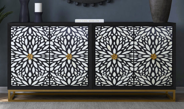 Basset Mirror Cameron Server - Elegant Matte Black Mango Wood Design With Unique Floral Hardware For Dining Areas Black Wood,Bone,Metal 6034-dr-576
