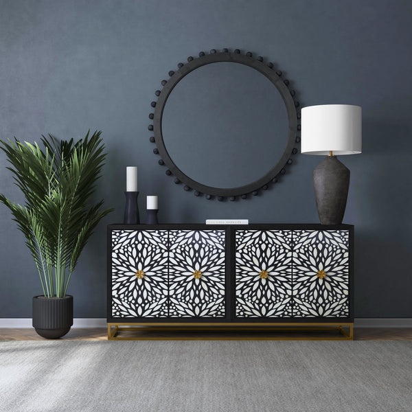 Basset Mirror Cameron Server - Elegant Matte Black Mango Wood Design With Unique Floral Hardware For Dining Areas Black Wood,Bone,Metal 6034-dr-576