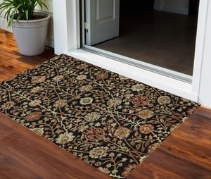 Homeroots 3' Black Brown And Red Floral Washable Area Rug - Durable Indoor Outdoor Design For Any Space 3' X 5' Polyester 603401