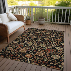 Homeroots 3' Black Brown And Red Floral Washable Area Rug - Durable Indoor Outdoor Design For Any Space 5' X 8' Polyester 603402