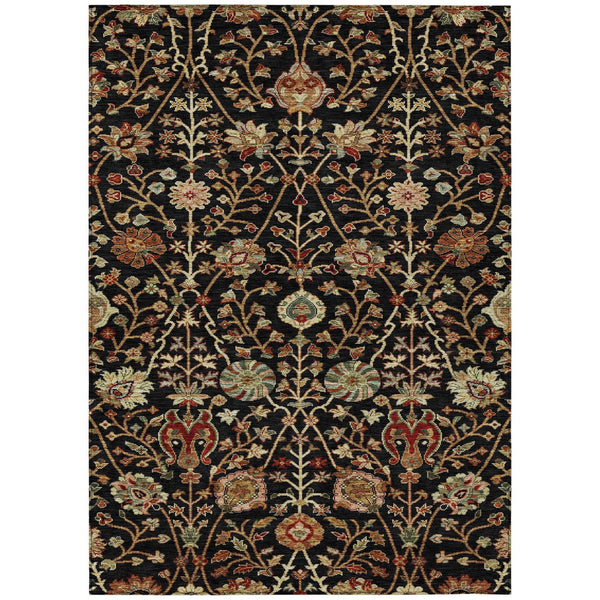 Homeroots 3' Black Brown And Red Floral Washable Area Rug - Durable Indoor Outdoor Design For Any Space 5' X 8' Polyester 603402