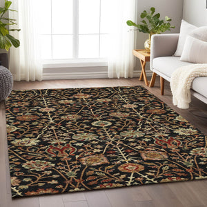 Homeroots 3' Black Brown And Red Floral Washable Area Rug - Durable Indoor Outdoor Design For Any Space 5' X 8' Polyester 603402