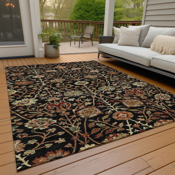 Homeroots 3' Black Brown And Red Floral Washable Area Rug - Durable Indoor Outdoor Design For Any Space 5' X 8' Polyester 603402