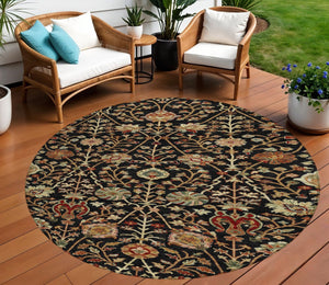 Homeroots 3' Black Brown And Red Floral Washable Area Rug - Durable Indoor Outdoor Design For Any Space 8' Round Polyester 603403