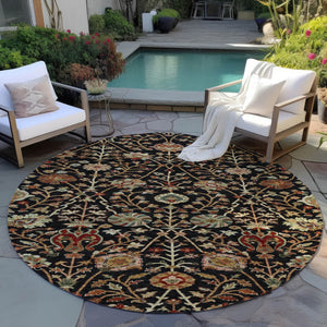 Homeroots 3' Black Brown And Red Floral Washable Area Rug - Durable Indoor Outdoor Design For Any Space 8' Round Polyester 603403