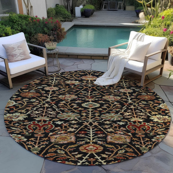 Homeroots 3' Black Brown And Red Floral Washable Area Rug - Durable Indoor Outdoor Design For Any Space 8' Round Polyester 603403
