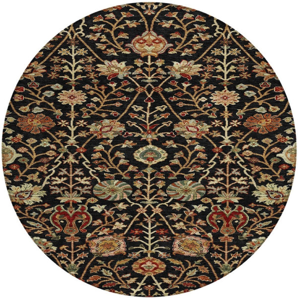 Homeroots 3' Black Brown And Red Floral Washable Area Rug - Durable Indoor Outdoor Design For Any Space 8' Round Polyester 603403