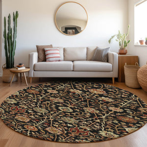 Homeroots 3' Black Brown And Red Floral Washable Area Rug - Durable Indoor Outdoor Design For Any Space 8' Round Polyester 603403