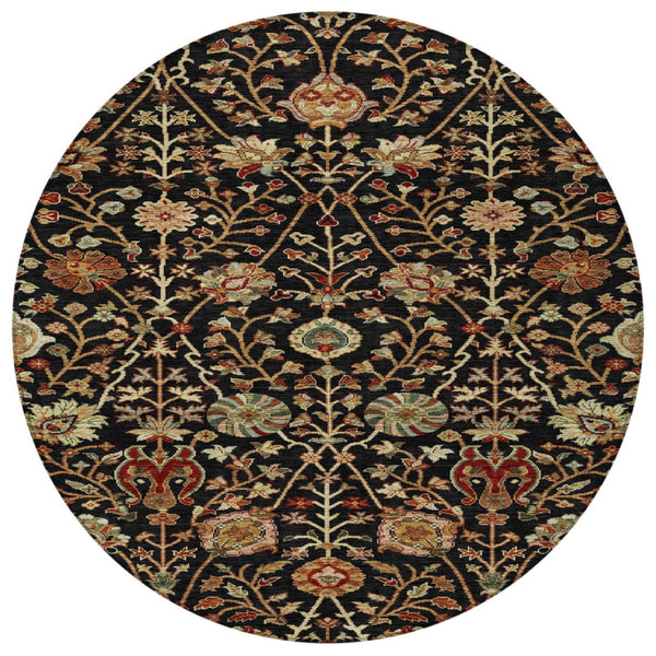 Homeroots 3' Black Brown And Red Floral Washable Area Rug - Durable Indoor Outdoor Design For Any Space 8' Round Polyester 603403