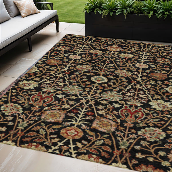 Homeroots 3' Black Brown And Red Floral Washable Area Rug - Durable Indoor Outdoor Design For Any Space 8' X 10' Polyester 603404