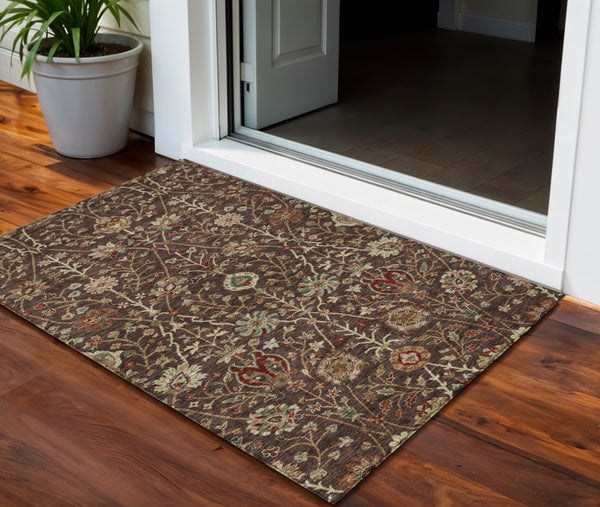 Homeroots 3' Black Brown And Red Floral Washable Area Rug - Durable Indoor Outdoor Design For Any Space 3' X 5' Polyester 603407