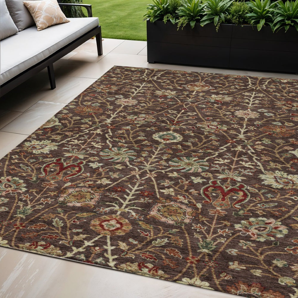 HomeRoots 5' Floral Indoor Outdoor Area Rug in Chocolate, Tan, and Green – Washable & Durable for Any Space 5' X 8' 603408