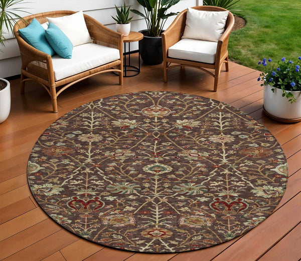 Homeroots 3' Black Brown And Red Floral Washable Area Rug - Durable Indoor Outdoor Design For Any Space 8' Round Polyester 603409
