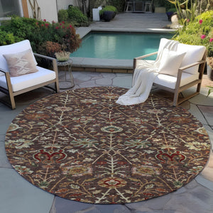 Homeroots 3' Black Brown And Red Floral Washable Area Rug - Durable Indoor Outdoor Design For Any Space 8' Round Polyester 603409