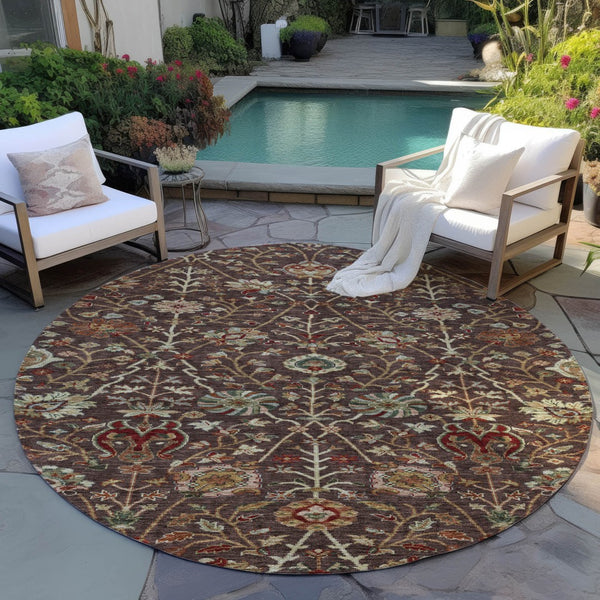 Homeroots 3' Black Brown And Red Floral Washable Area Rug - Durable Indoor Outdoor Design For Any Space 8' Round Polyester 603409