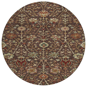HomeRoots 5' Floral Indoor Outdoor Area Rug in Chocolate, Tan, and Green – Washable & Durable for Any Space 8' Round 603409