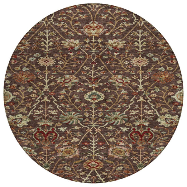 HomeRoots 5' Floral Indoor Outdoor Area Rug in Chocolate, Tan, and Green – Washable & Durable for Any Space 8' Round 603409