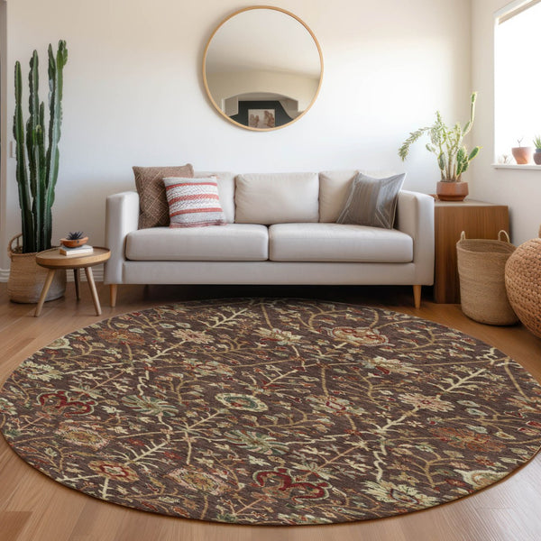 Homeroots 3' Black Brown And Red Floral Washable Area Rug - Durable Indoor Outdoor Design For Any Space 8' Round Polyester 603409