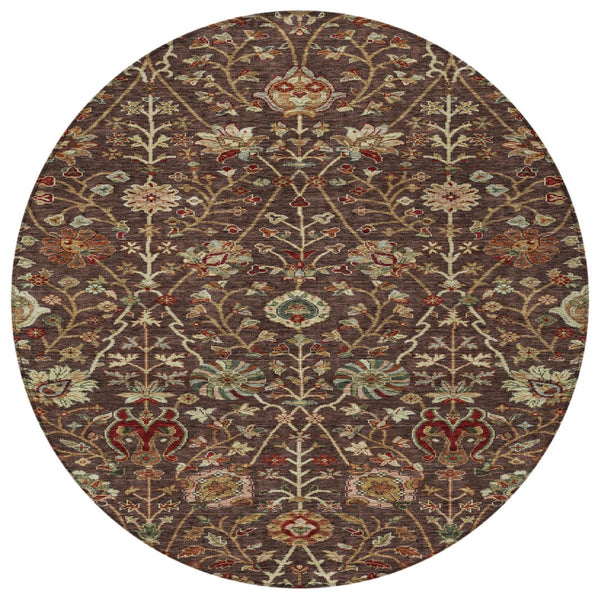 Homeroots 3' Black Brown And Red Floral Washable Area Rug - Durable Indoor Outdoor Design For Any Space 8' Round Polyester 603409