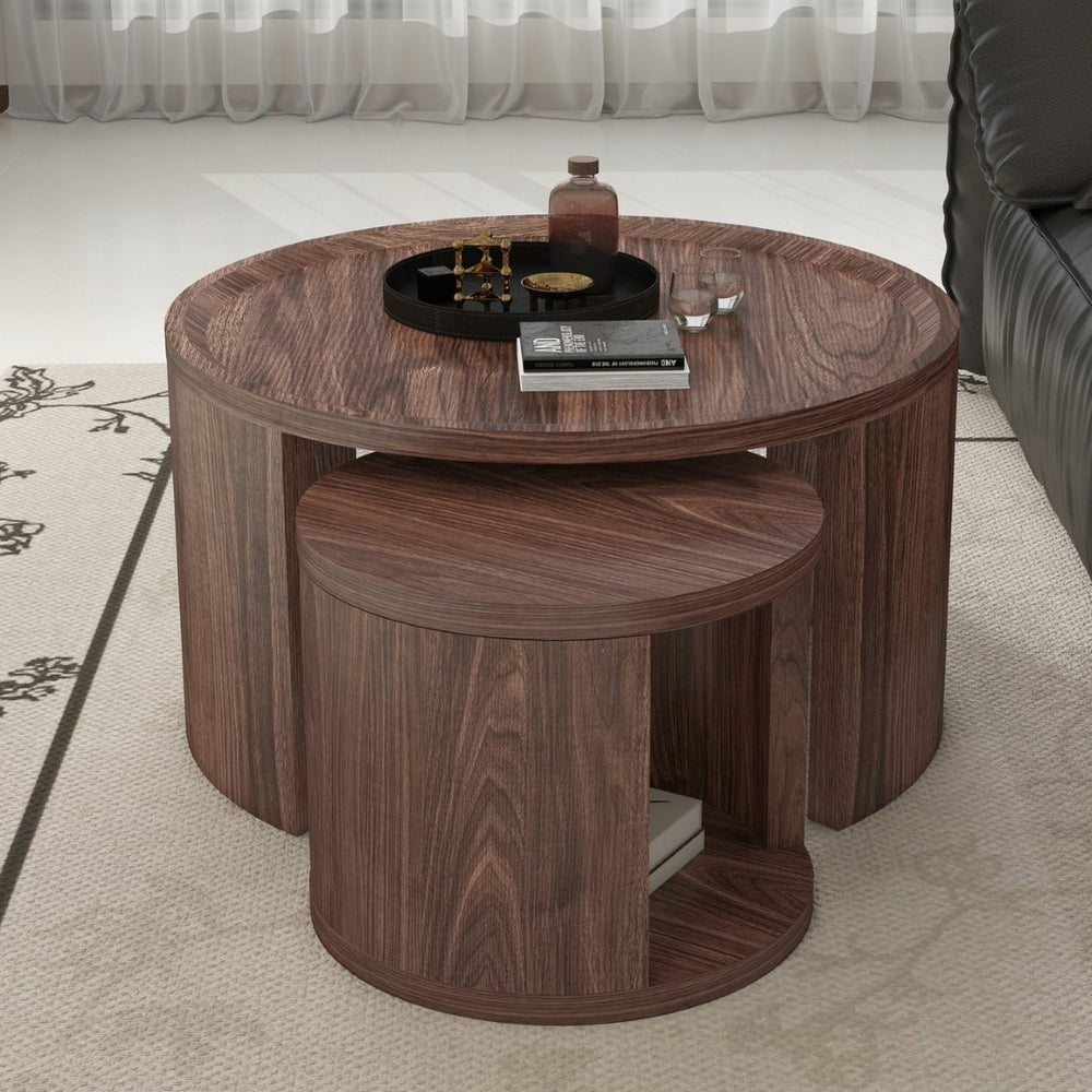 English Elm Round Nesting Coffee Tables Natural Wood Grain Scandinavian Set for Living Room W1727S00092