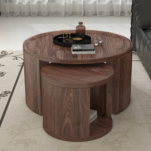 English Elm Round Nesting Coffee Tables Natural Wood Grain Scandinavian Set for Living Room W1727S00092