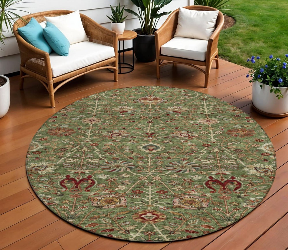 HomeRoots 5' Versatile Floral Area Rug in Fern Green, Brown, and Red - Perfect for Indoor and Outdoor Spaces 8' Round 603415