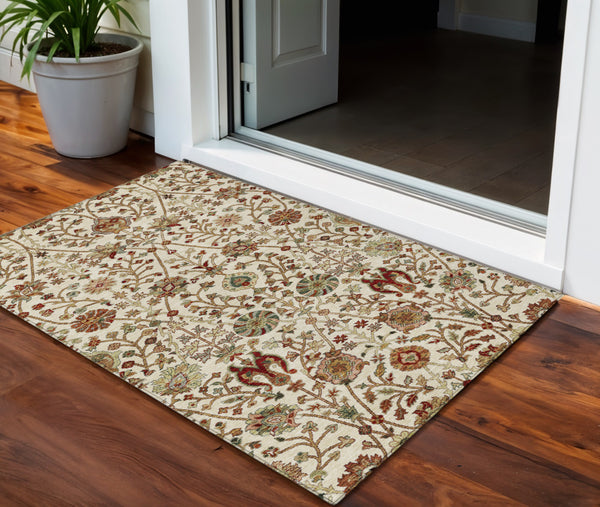 Homeroots 3' Black Brown And Red Floral Washable Area Rug - Durable Indoor Outdoor Design For Any Space 3' X 5' Polyester 603419