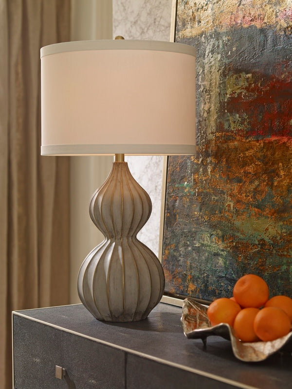 Wildwood Delphine Concrete Table Lamp With Fluted Gourd Base, Antique Gold Ribbing & Off-White Drum Shade 60342