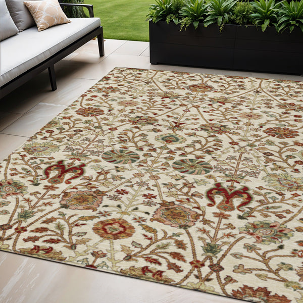 Homeroots 3' Black Brown And Red Floral Washable Area Rug - Durable Indoor Outdoor Design For Any Space 5' X 8' Polyester 603420