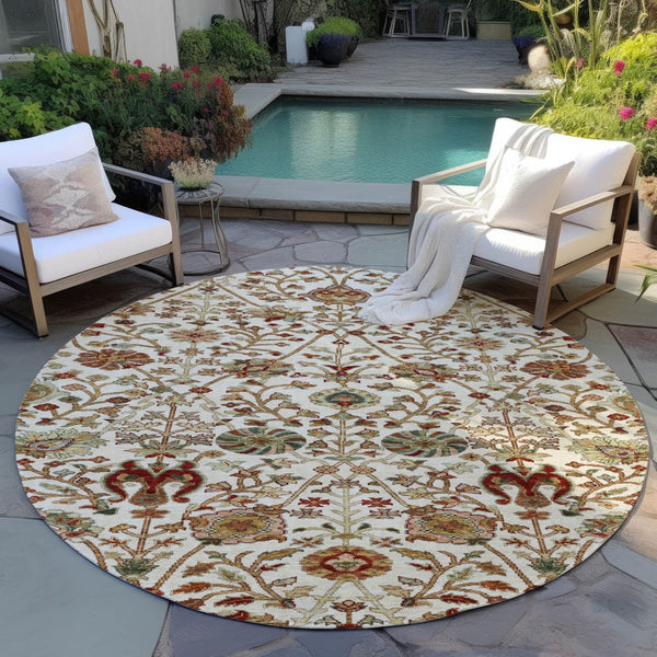 Homeroots 3' Black Brown And Red Floral Washable Area Rug - Durable Indoor Outdoor Design For Any Space 8' Round Polyester 603421