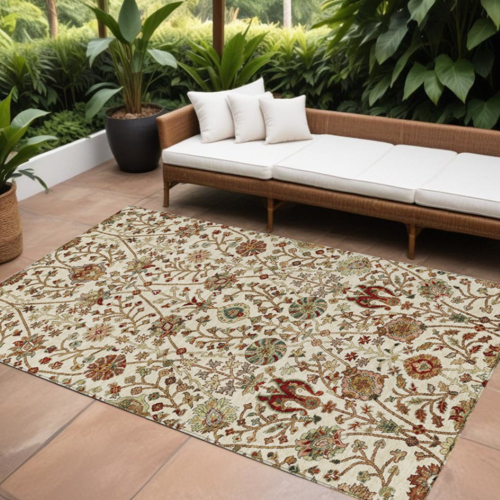 HomeRoots 9' Elegant Ivory Brown and Red Floral Washable Area Rug for Indoor/Outdoor Spaces - Durable & Stylish 603423