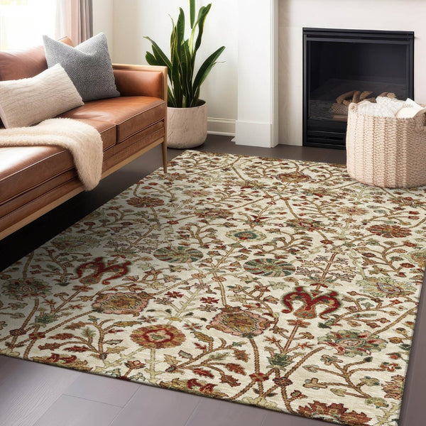 HomeRoots 9' Elegant Ivory Brown and Red Floral Washable Area Rug for Indoor/Outdoor Spaces - Durable & Stylish 603423