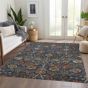 HomeRoots 5' Navy Blue and Red Floral Area Rug – Durable, Washable Design for Indoor and Outdoor Spaces 5' X 8' 603426