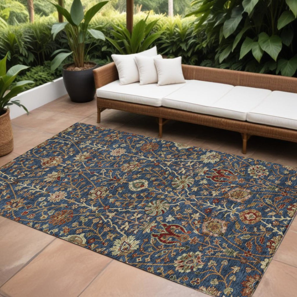 HomeRoots 9' X 12' Floral Navy Blue, Brown & Red Washable Area Rug – Durable, Stylish, Indoor/Outdoor Use! 603429