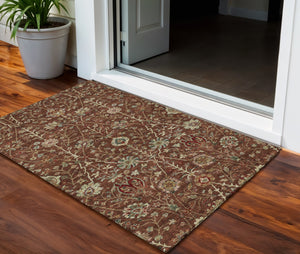 Homeroots 3' Black Brown And Red Floral Washable Area Rug - Durable Indoor Outdoor Design For Any Space 3' X 5' Polyester 603431