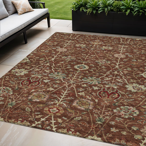 Homeroots 3' Black Brown And Red Floral Washable Area Rug - Durable Indoor Outdoor Design For Any Space 5' X 8' Polyester 603432