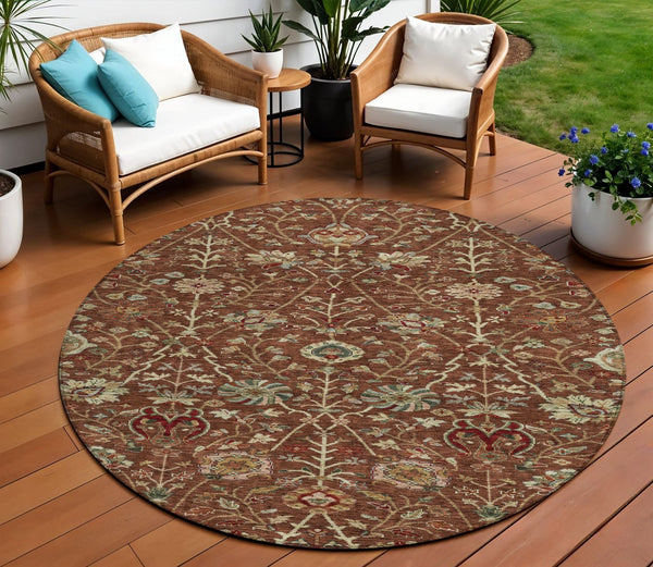 Homeroots 3' Black Brown And Red Floral Washable Area Rug - Durable Indoor Outdoor Design For Any Space 8' Round Polyester 603433