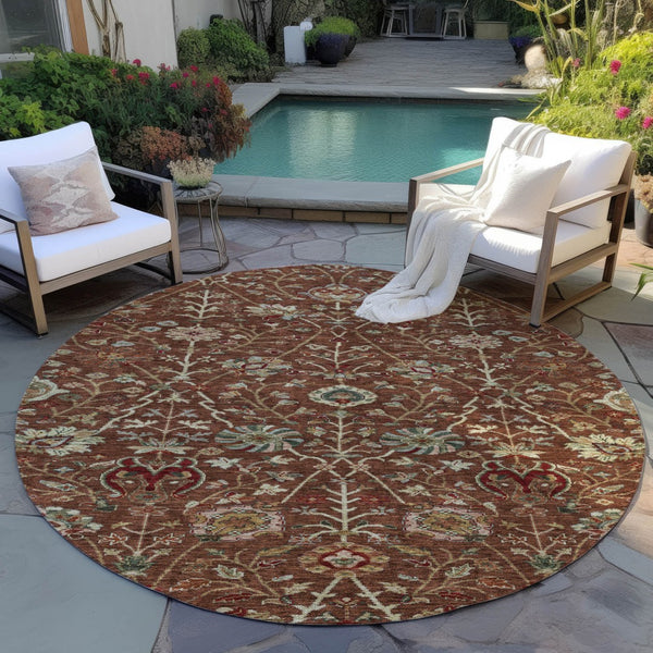 Homeroots 3' Black Brown And Red Floral Washable Area Rug - Durable Indoor Outdoor Design For Any Space 8' Round Polyester 603433