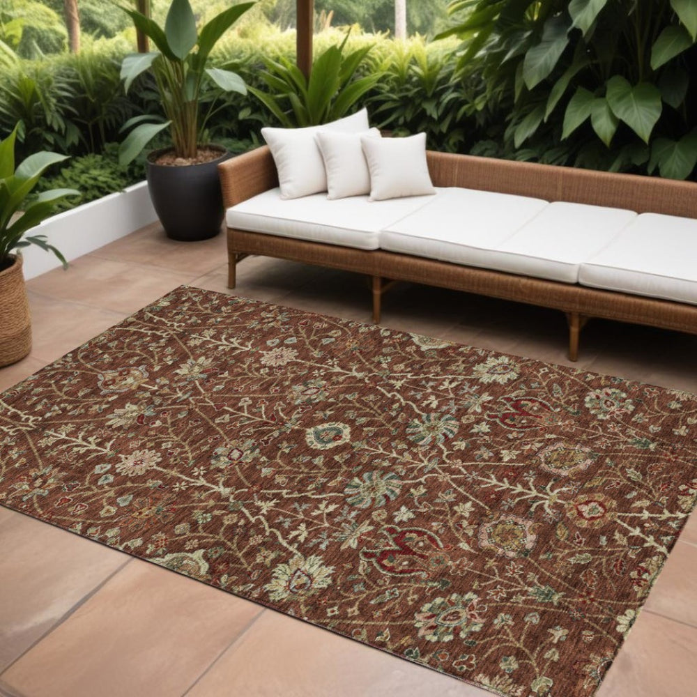 HomeRoots 9' Washable Indoor Outdoor Area Rug in Brown, Tan & Red Floral Design - Durable, Easy Care & Versatile 603435