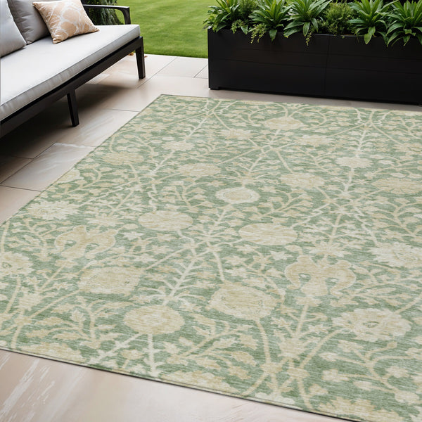 Homeroots 3' Artichoke Green Floral Indoor Outdoor Area Rug - Durable, Washable, Stain-resistant Design 5' X 8' Polyester 603438
