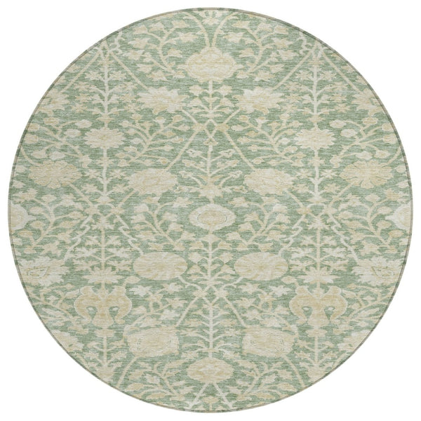 HomeRoots 5' Artichoke Green and Beige Floral Washable Area Rug - Perfect for Indoor and Outdoor Spaces! 8' Round 603439