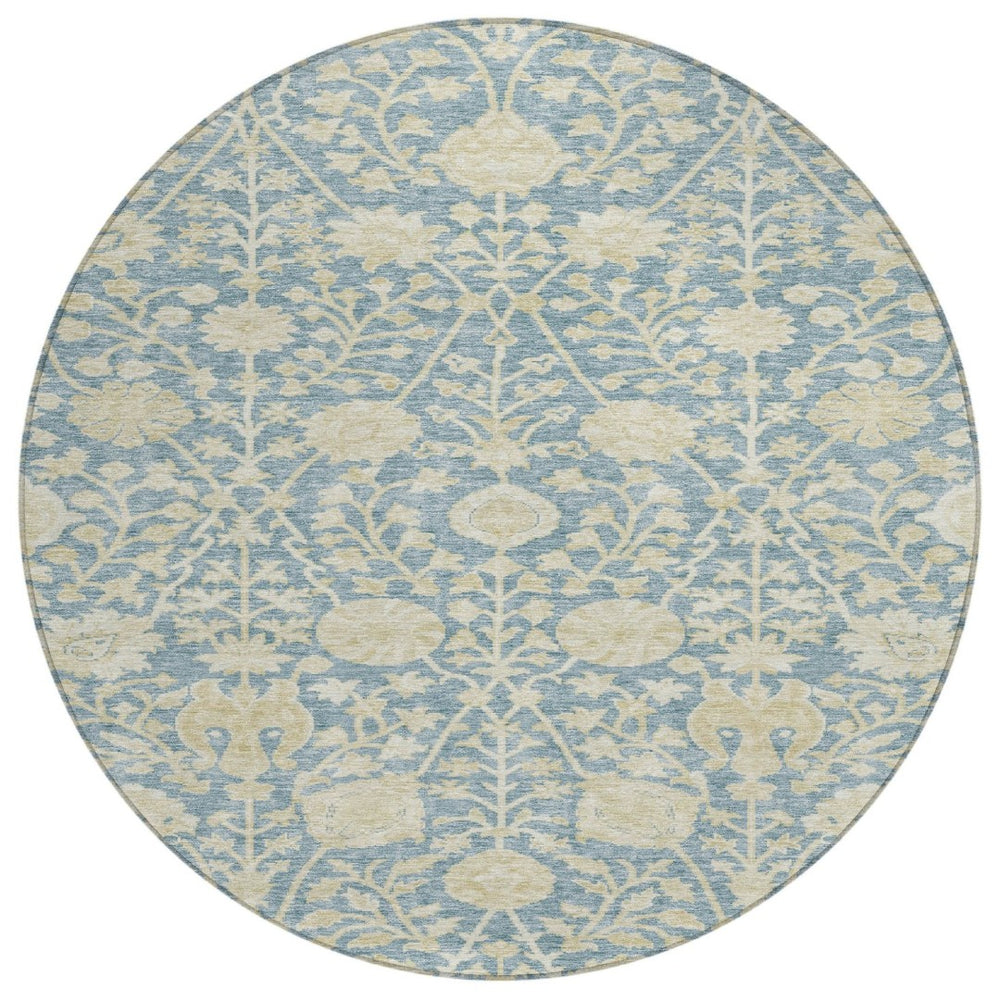 HomeRoots 5' Sky Blue and Beige Floral Area Rug for Indoor or Outdoor Spaces – Durable, Washable, Stylish 8' Round 603451