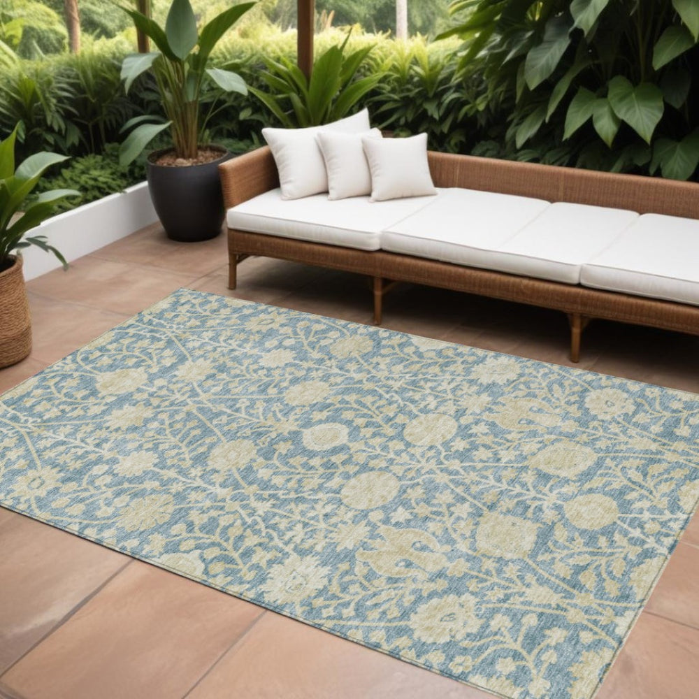 HomeRoots 9' X 12' Sky Blue Floral Area Rug – Durable, Washable, Indoor/Outdoor, Stain-Resistant Design for All Spaces 603453