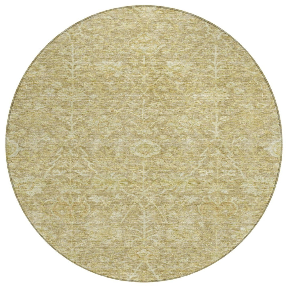 HomeRoots 5' Durable Tan and Beige Floral Area Rug for Indoor and Outdoor Use - Stain-Resistant and Washable 8' Round 603457