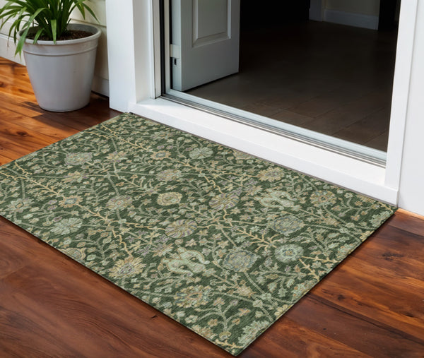Homeroots 3' Floral Indoor Outdoor Area Rug In Green, Tan, And Gray – Durable, Washable, And Versatile Design 3' X 5' Polyester 603461