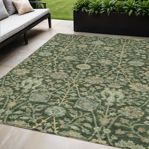 Homeroots 3' Floral Indoor Outdoor Area Rug In Green, Tan, And Gray – Durable, Washable, And Versatile Design 5' X 8' Polyester 603462