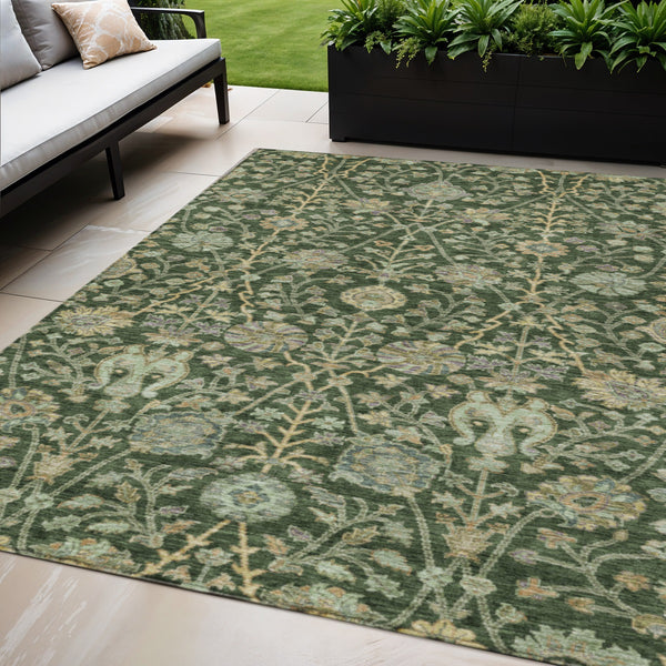 Homeroots 3' Floral Indoor Outdoor Area Rug In Green, Tan, And Gray – Durable, Washable, And Versatile Design 5' X 8' Polyester 603462