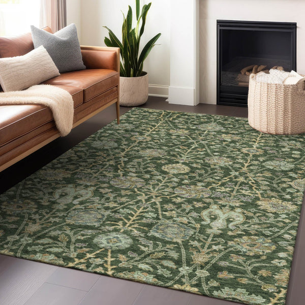 Homeroots 3' Floral Indoor Outdoor Area Rug In Green, Tan, And Gray – Durable, Washable, And Versatile Design 5' X 8' Polyester 603462