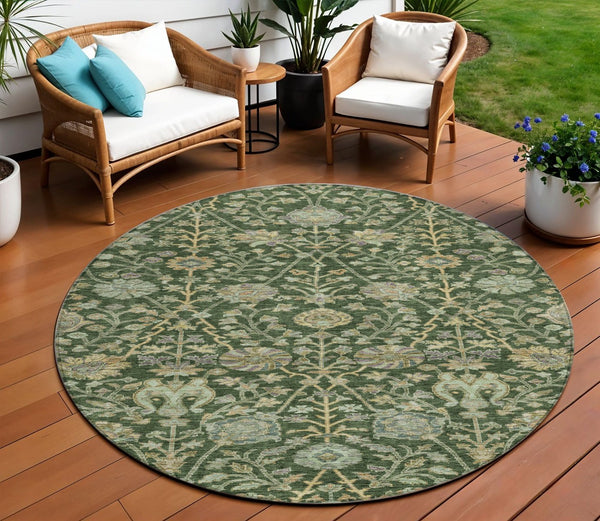 Homeroots 3' Floral Indoor Outdoor Area Rug In Green, Tan, And Gray – Durable, Washable, And Versatile Design 8' Round Polyester 603463